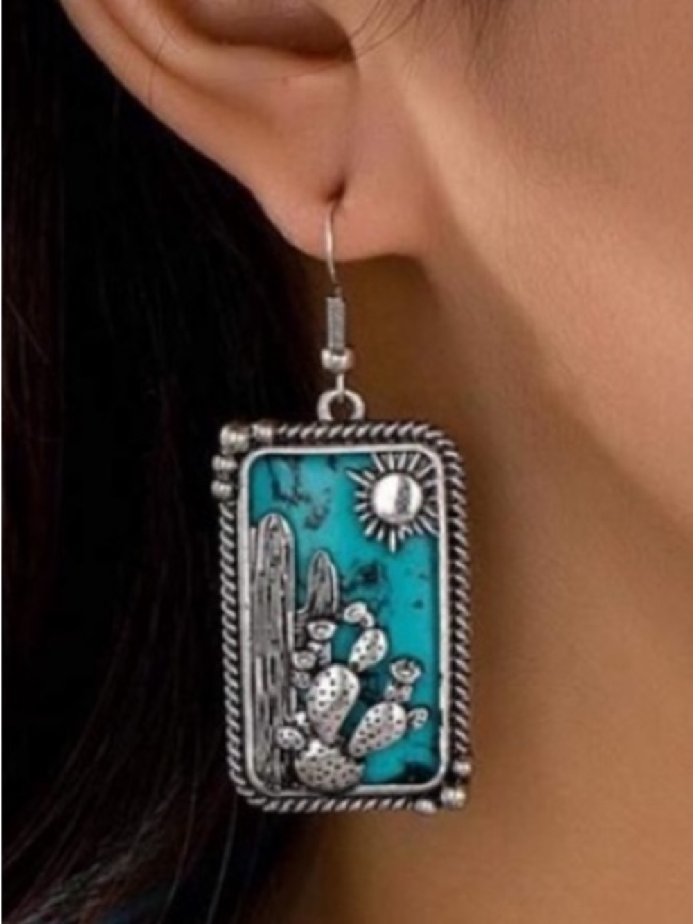 Turquoise and Silver Southwestern Cactus Earrings